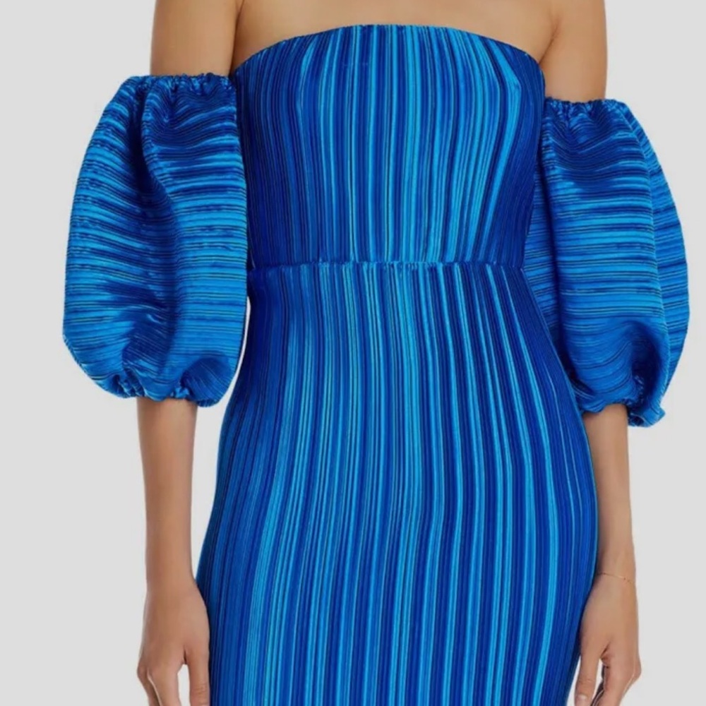 Limited/RARE: L'idee Women's Blue Pleated Off-shoulder Puff Sleeve Sirene Dress